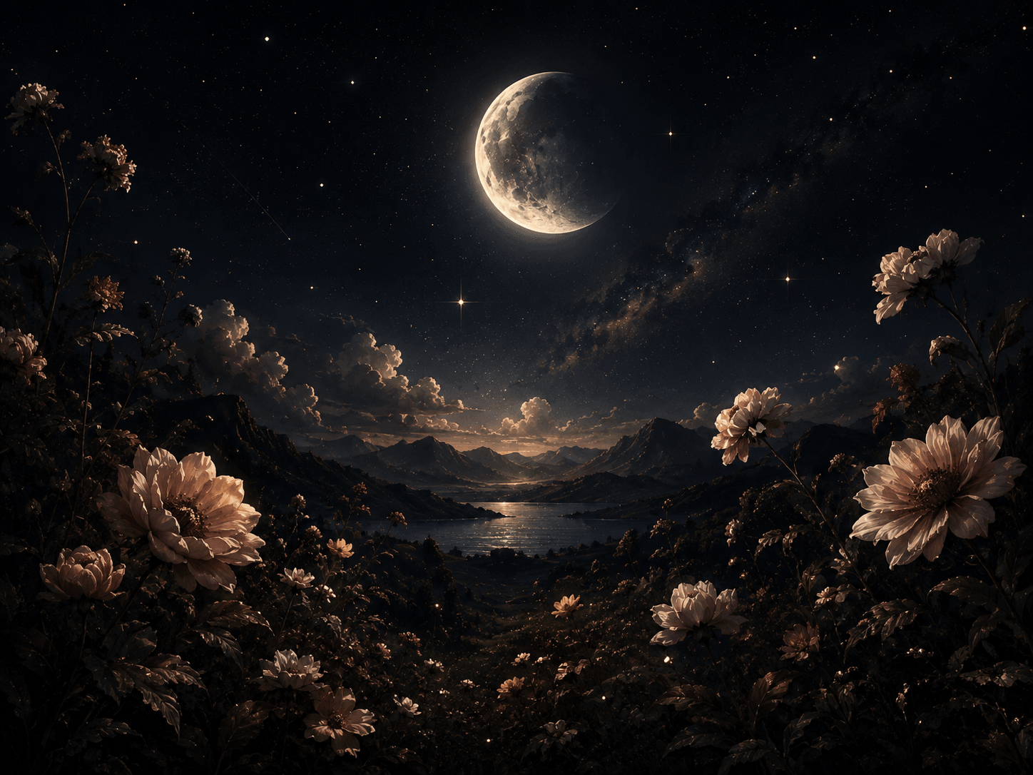 A moon set within an intricate gold celestial chart